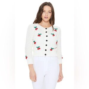 YEMAK Women's Cherry Pom Pom 3/4 Sleeve Cropped Honeycomb Knit Cardigan Sweater
